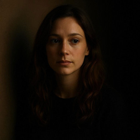 Portrait of a beautiful young woman with long brown hair in a dark room