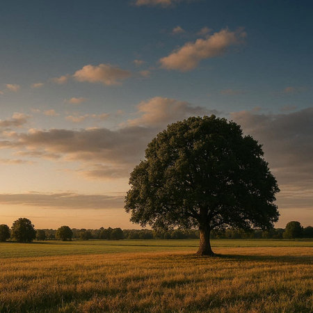 Lonely tree in the meadow at sunset. Summer landscape.