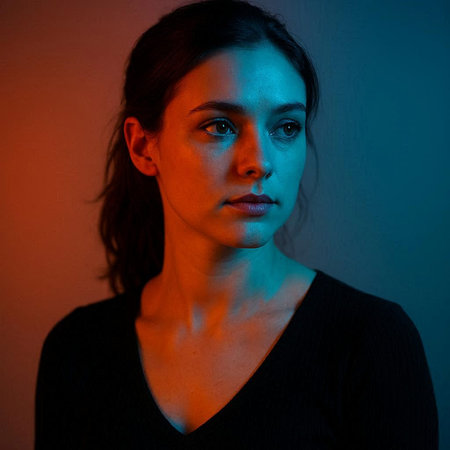 Portrait of a young woman with blue light on her face.