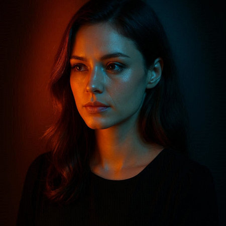 Portrait of a beautiful young woman on a dark background in neon light.