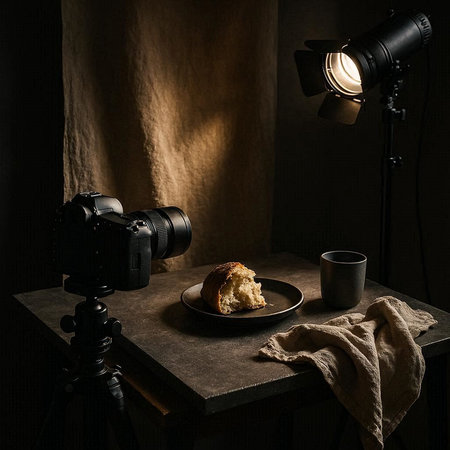 Cup of coffee, croissant and camera on a wooden table.