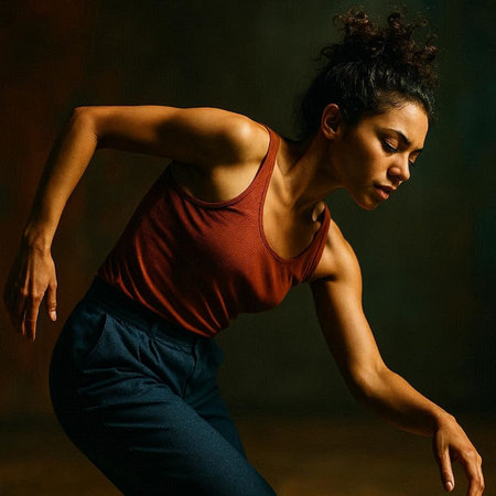 Portrait of a beautiful latin woman in red top and blue pants on dark background