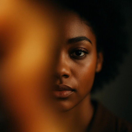 Close-up portrait of a beautiful african american woman looking at the mirror