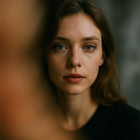 Portrait of a beautiful young woman with green eyes looking in the mirror
