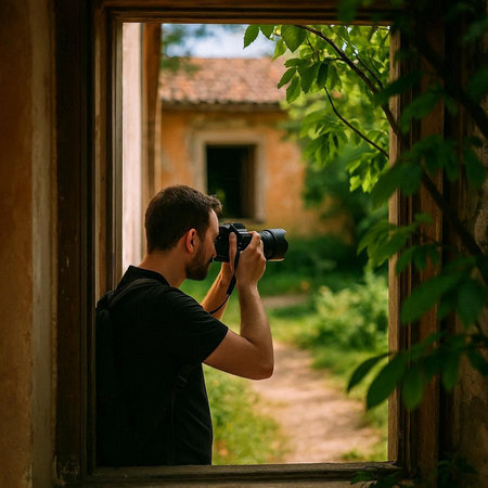 A man in a black T-shirt with a camera in his hands looks out the window.の写真素材