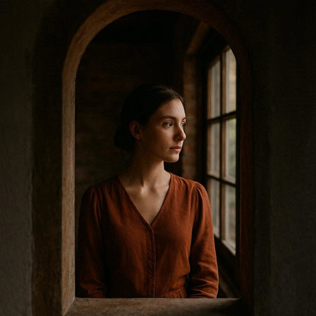 Young woman standing by the window and looking away in a dark room