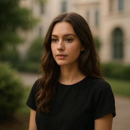 Portrait of a beautiful young brunette girl in a black T-shirt.