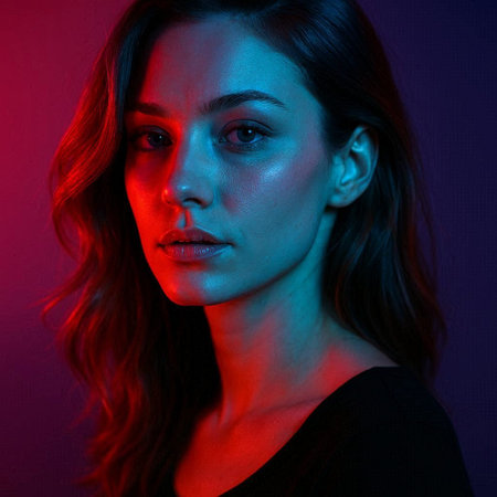 Portrait of a beautiful young woman with red and blue lights.