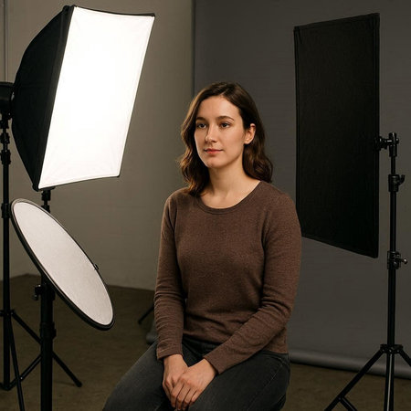 Young woman in photostudio with flash and lighting equipment.
