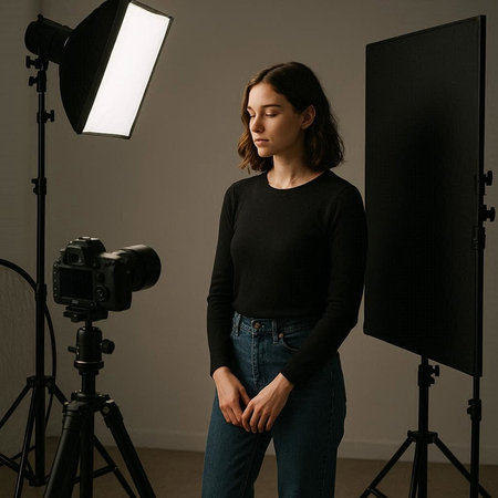 attractive girl in black blouse and jeans standing in photo studio