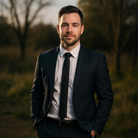 Portrait of a handsome young man in a business suit outdoors.