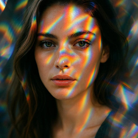 Portrait of a beautiful young woman with long hair and multicolored makeup