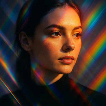 Beauty portrait of young woman with multicolored lights on background