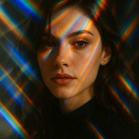Portrait of a beautiful young woman with long curly hair and bright makeup.