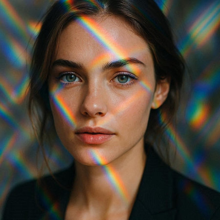 Portrait of a beautiful young woman on a dark background with a rainbow.の写真素材