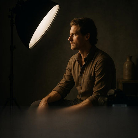 Young man sitting at the table in the dark room with a lamp
