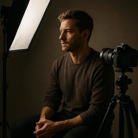 Handsome young man with beard in casual clothes sitting in front of a studio light