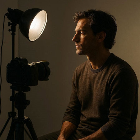 Portrait of a man with a camera on a tripod in the studio