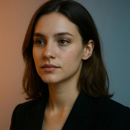Portrait of a beautiful young woman in a black suit on a gray background