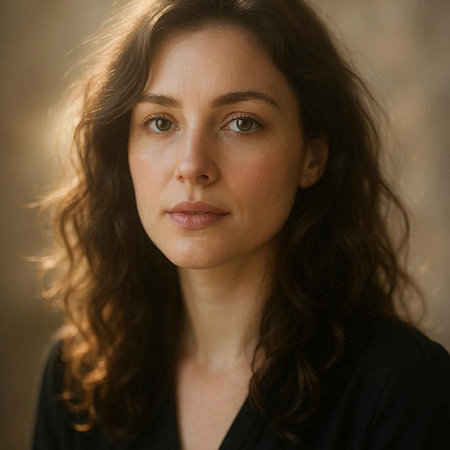 Portrait of beautiful young woman with long brown curly hair in black dress.