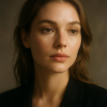 Portrait of a beautiful young brunette woman in black suit.
