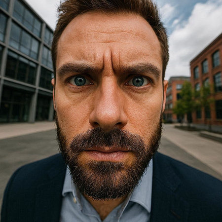 Portrait of a man with a beard and mustache on the background of an office building