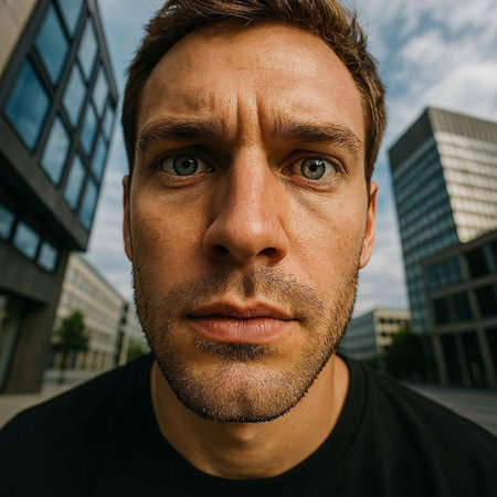 Portrait of a man with a beard on the background of the city