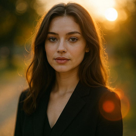 Portrait of a beautiful young woman with long brown hair in a black jacket on the street at sunset