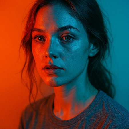 Portrait of a young woman with blue light on her face.