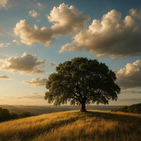 Tree on the hill at sunset. Beautiful summer landscape with tree.