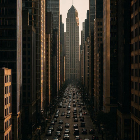 Street view of Chicago downtown at sunset.