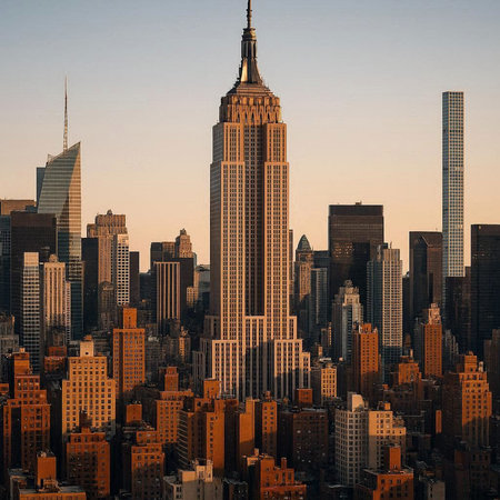 New York City Manhattan midtown skyline at sunset with skyscrapers.