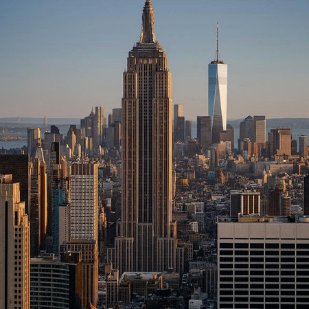 New York City Manhattan midtown skyline at sunset with Empire State Building.