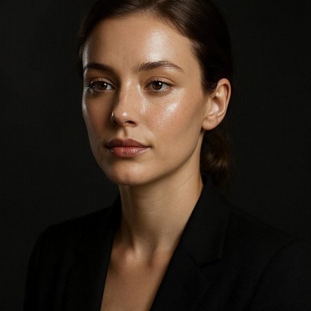 Portrait of a beautiful young woman in a black suit on a dark background