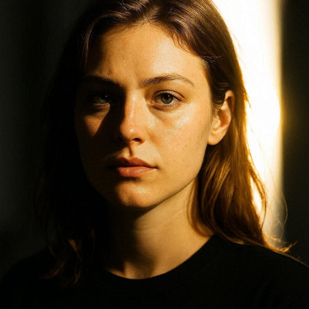 Portrait of a beautiful young woman looking at the camera in the dark