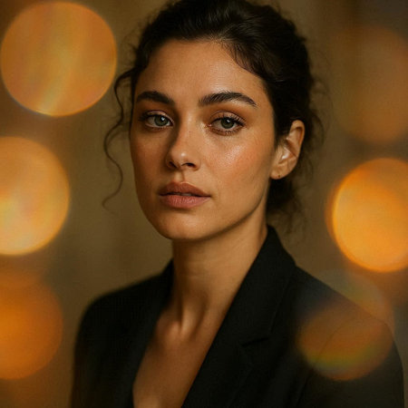 Portrait of a beautiful young woman in a black suit, looking at the camera.の写真素材