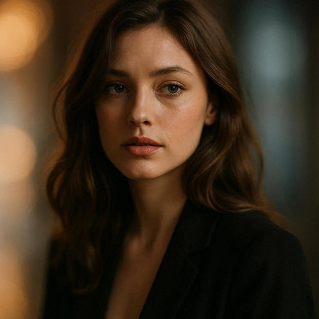 Portrait of a beautiful brunette woman in a black jacket. Fashionable girl in a black jacket.