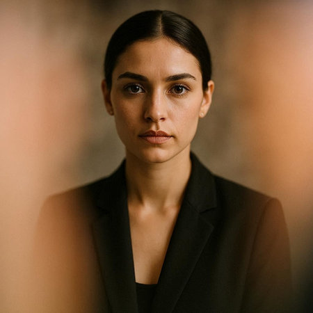 Portrait of a beautiful brunette woman in a black suit.の写真素材