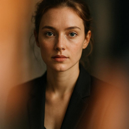 Portrait of a beautiful young woman in a black suit looking at the cameraの写真素材