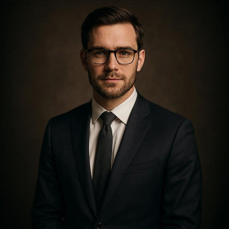 Portrait of a handsome man in a suit and glasses. Studio shot.の写真素材