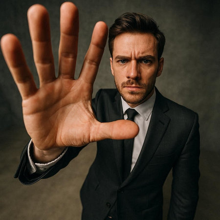 Portrait of a young businessman showing stop gesture on dark background.の写真素材