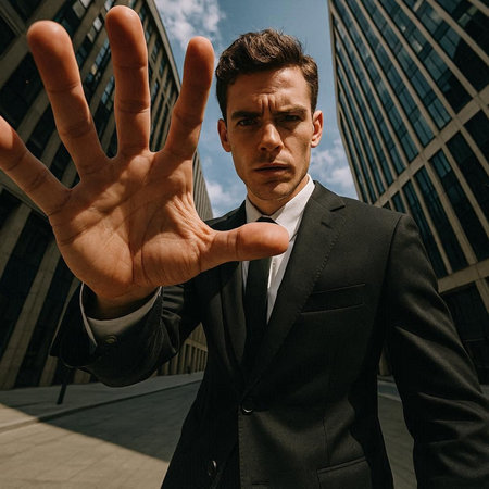 Portrait of a young businessman showing stop gesture with his hand.の写真素材