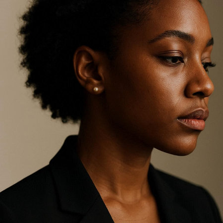 Portrait of a beautiful young african american woman in black suitの写真素材
