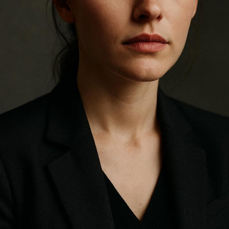Close-up portrait of a young woman in a black suit.の写真素材
