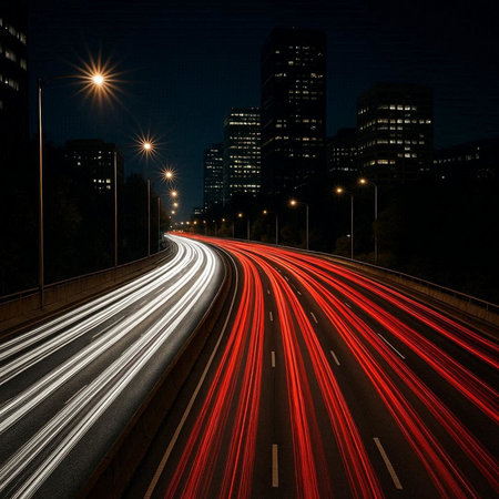 Car light trails on the road at night in Frankfurt, Germany.