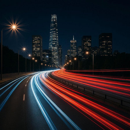 The light trails on the modern building background in shanghai china.