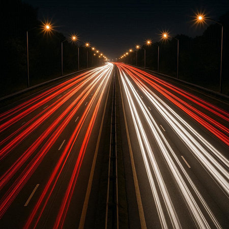 Highway at night with motion blur. Concept of speed and movement.