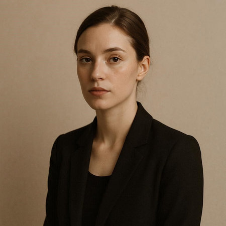 Portrait of a young woman in a black suit on a beige background
