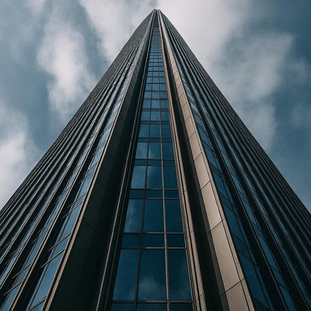 Looking up at a tall building in downtown Los Angeles, California.