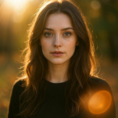 Portrait of a beautiful young brunette woman in the autumn parkの写真素材
